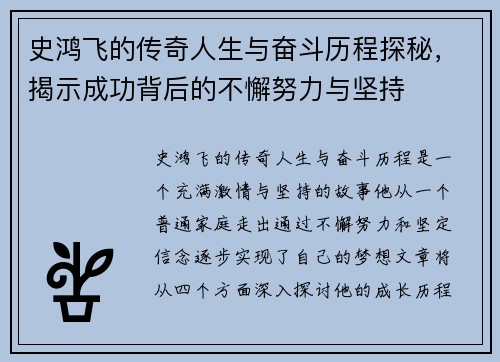 史鸿飞的传奇人生与奋斗历程探秘，揭示成功背后的不懈努力与坚持